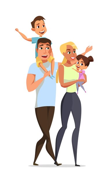 Parents with children mother father son and daughter cartoon characters Young couple with little kids on stroll dad carrying boy on shoulders mom holding girl