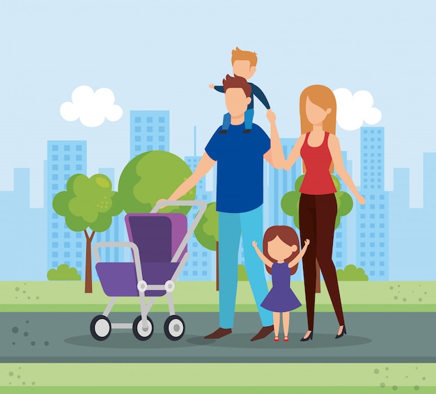 Free vector parents with children and stroller