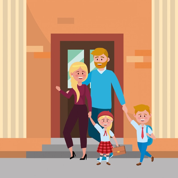 Free vector parents with kids going to school