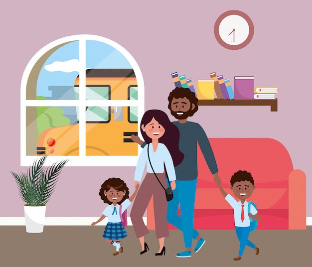 Free vector parents with kids going to school