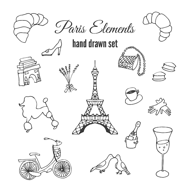 Vettore gratuito set di elementi disegnati a mano di parigi