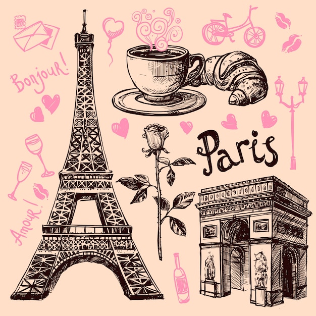 Free vector paris hand drawn symbols set