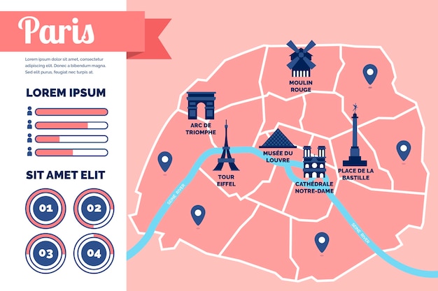 Vettore gratuito parigi mappa infografica in design piatto