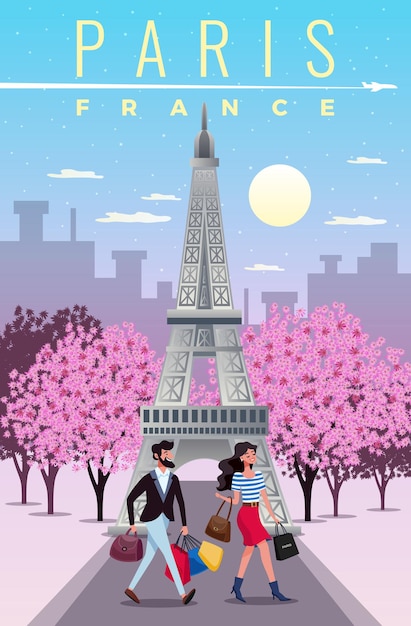 Paris travel illustration with sightseeing and shopping symbols flat