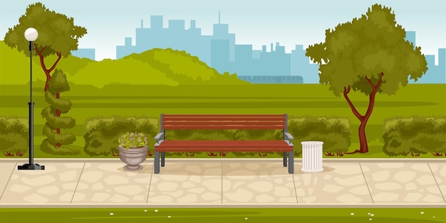 Парковая композиция с наружным ландшафтом городского парка с переулком зеленых холмов со скамейкой и иллюстрацией городского пейзажа
