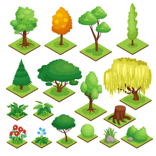 Free vector park element set with plants and trees isometric isolated vector illustration