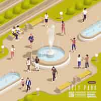 Free vector park fountains ponds gazebo isometric composition with outdoor view of park with benches bushes and people vector illustration