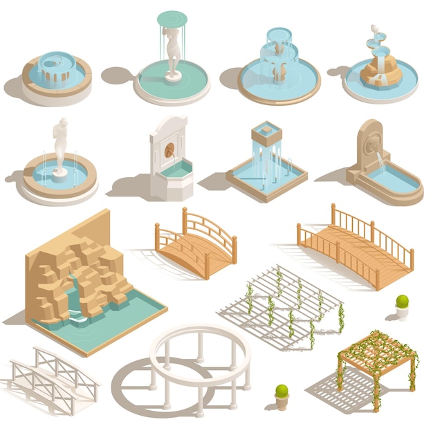 Бесплатное векторное изображение Парковые фонтаны, пруды, беседки, изометрический набор изолированных икон с элементами ландшафта, мосты, водопады и беседки, векторная иллюстрация