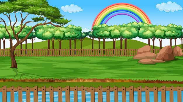 Vettore gratuito scena del paesaggio del parco con l'arcobaleno nel cielo