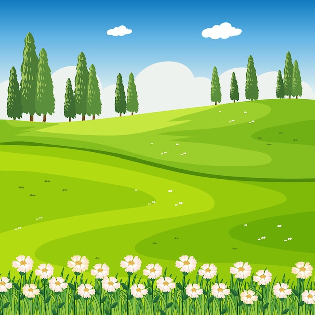 Бесплатное векторное изображение Парк на открытом воздухе с цветочным полем и пустым лугом
