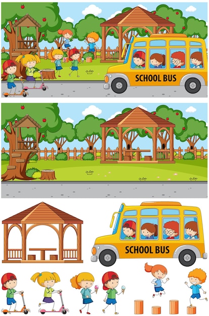 Free vector park scene set with many kids doodle cartoon character isolated