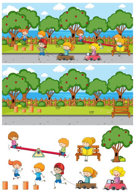 많은 아이들이 고립 된 낙서 만화 캐릭터 세트 공원 장면