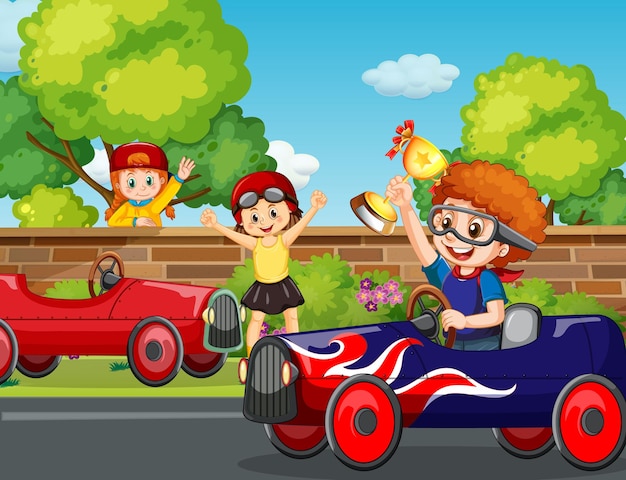 Park scene with children racing car