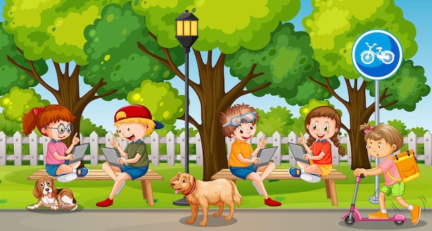 Park scene with children using technology devices