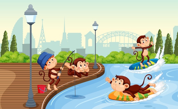 Сцена в парке с маленькими обезьянами, занимающимися разными делами