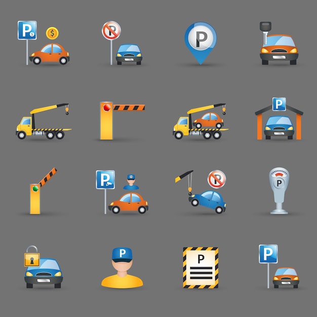 Parking facilities flat icons graphite background