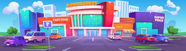 Free vector parking lot with autos near supermarket vector cartoon illustration of large shopping mall building with fast food restaurant cafe and shop entrances autos parked outside modern city buildings