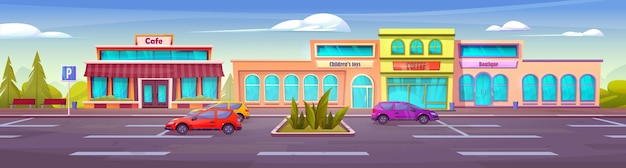 parking lot with cars near shopping mall in city vector cartoon illustration of autos in front of modern cafe beautique and toy shop buildings benches under green trees and bushes blue summer sky