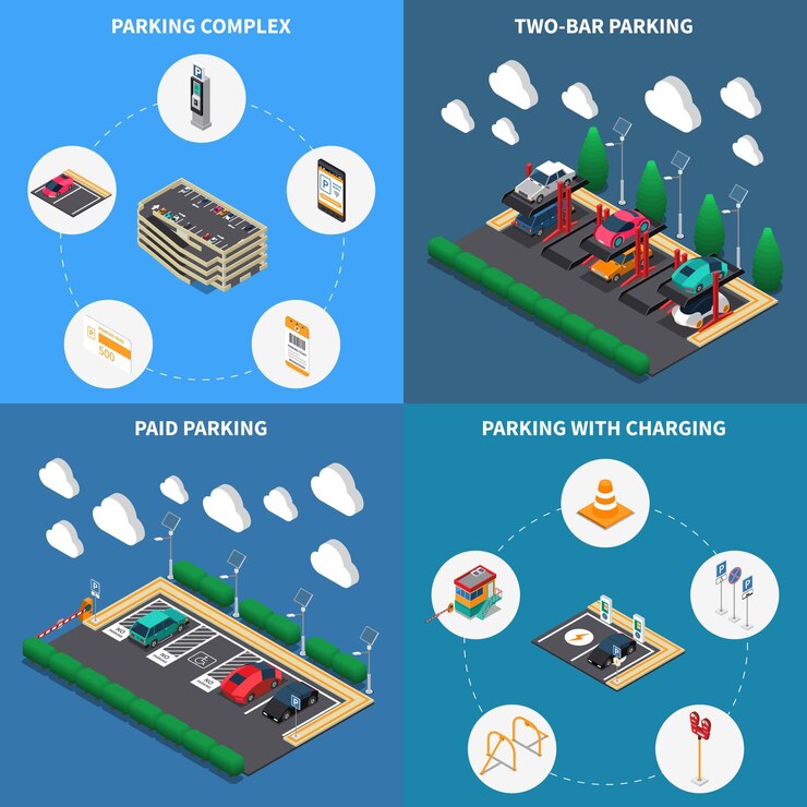 Free Vector parking lots facilities concept 4 isometric compositions icons square with charging stalls multi level complex
