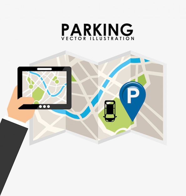парковка, планшет и бумажная карта