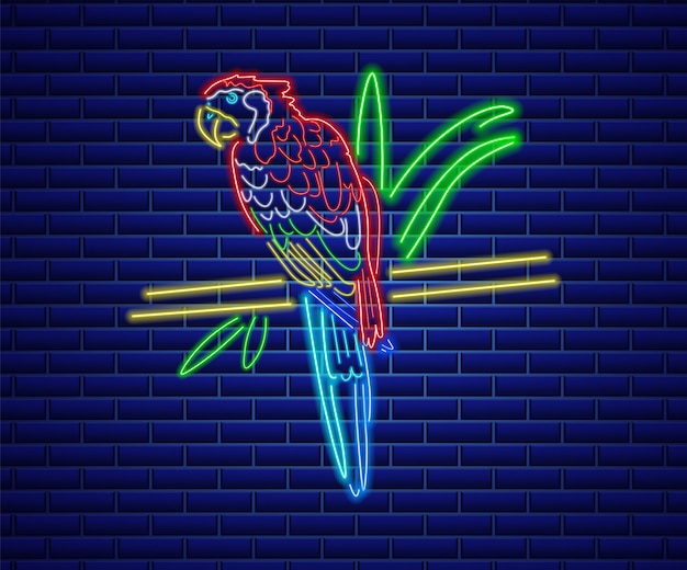 Toucan neon sign. tropical bird on dark brick wall