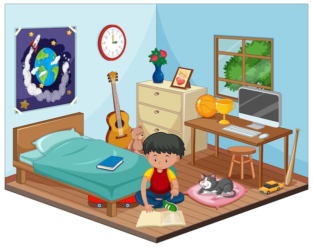 漫画のスタイルの男の子と子供たちのシーンの寝室の一部
