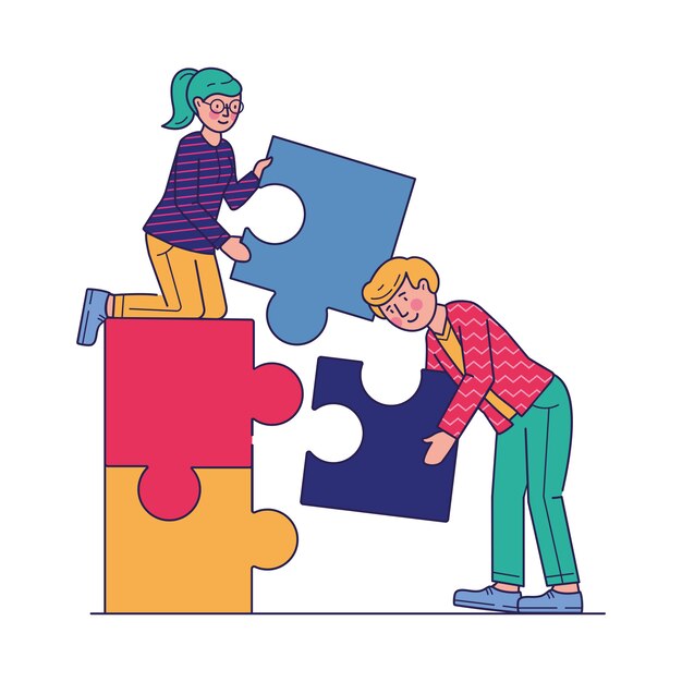 Partners doing jigsaw puzzle flat illustration