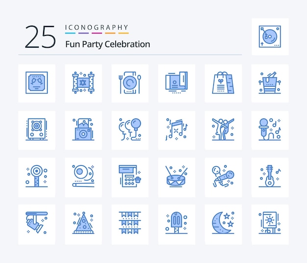 Free vector party 25 blue color icon pack including gift voucher cafe gift card