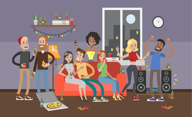 Бесплатное векторное изображение Вечеринка дома люди танцуют разговаривают и веселятся пицца и пиво