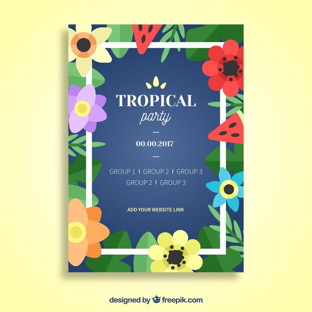 party brochure with frame and tropical flowers in flat design