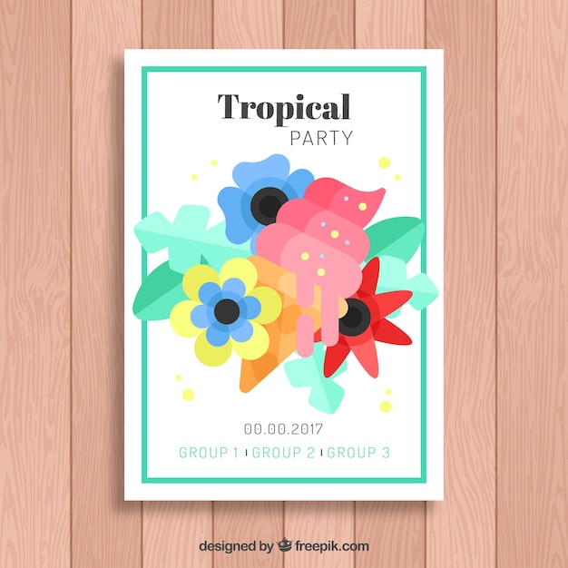 Party brochure with ice cream and tropical flowers in flat design