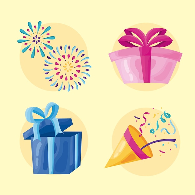 Party celebration gifts and fireworks icons