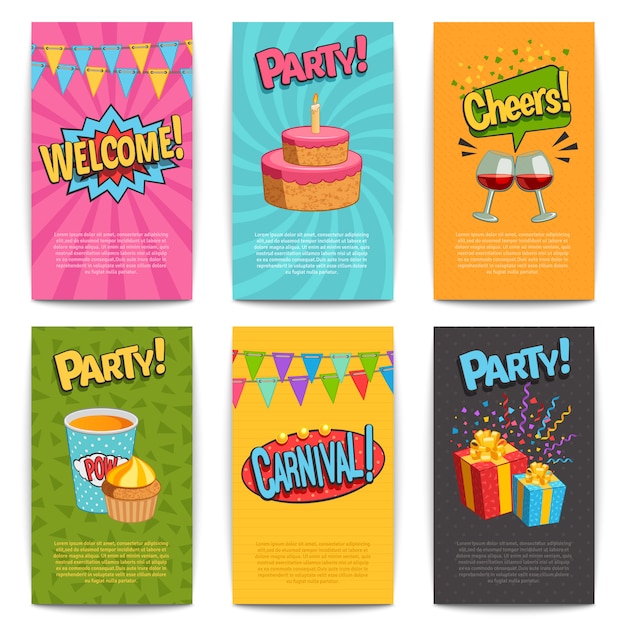 Free vector party comic posters set with fun symbols flat isolated vector illustartion