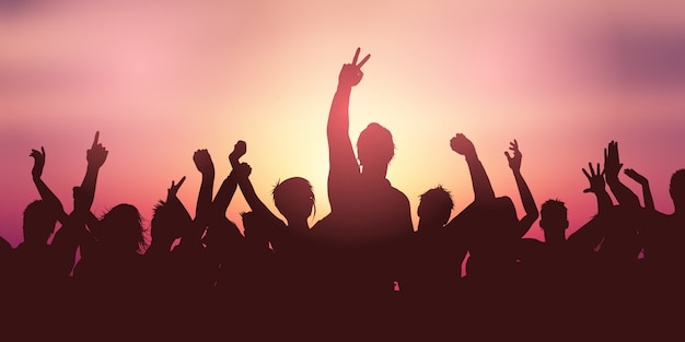 Party crowd banner against sunset sky