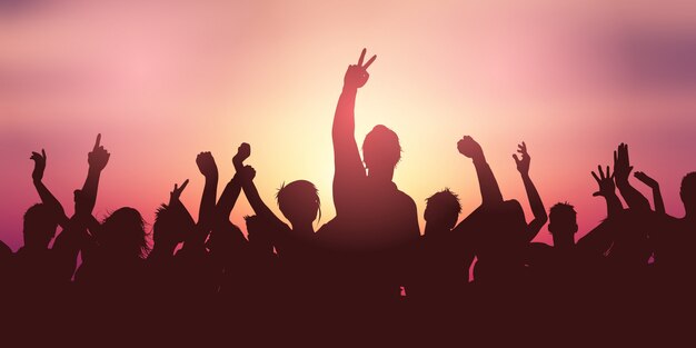 夕焼け空に対する党群集バナー