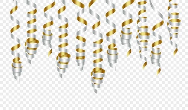 Free vector party decorations golden and silver streamers or curling party ribbons. vector illustration