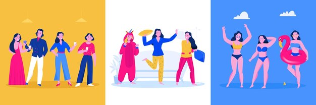 Party flat design concept with smiling people wearing dresses costumes pyjamas swimsuits isolated  illustration