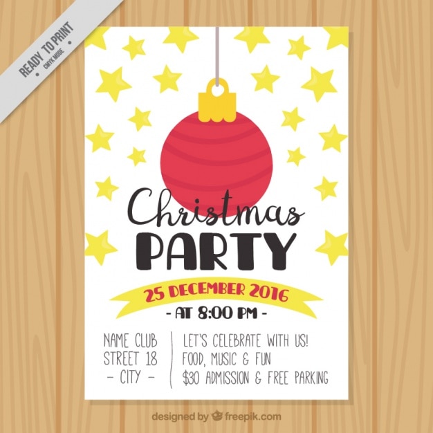 Free vector party flyer with christmas ball and stars