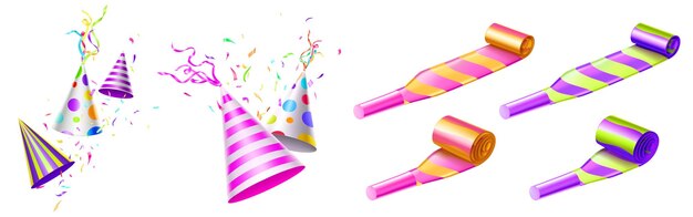 Party hats and horn blowers with color stripes and dots