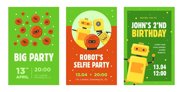 Party invitation cards set. Robots, humanoids, cyborgs, intelligent machines vector illustrations with text, time and date samples. Robotics concept for announcement posters and flyers design