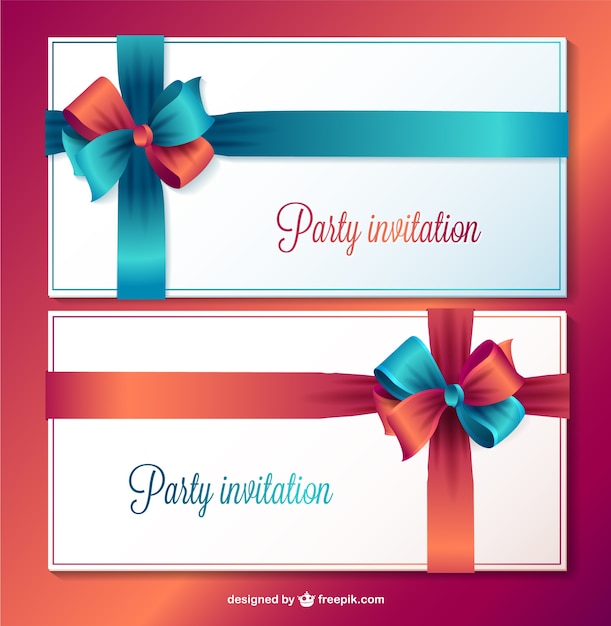 Free vector party invitation cards with blue and red ribbons