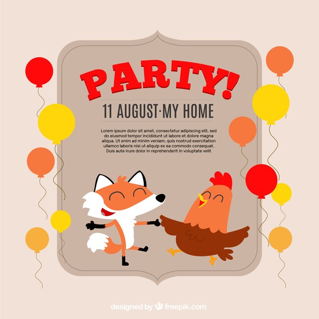 Free vector party invitation with nice hen and fox