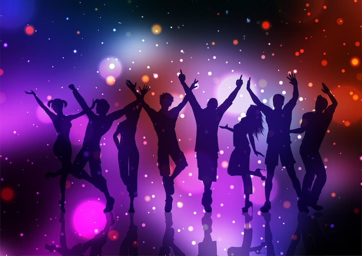 Free Vector party people dancing on a bokeh lights background