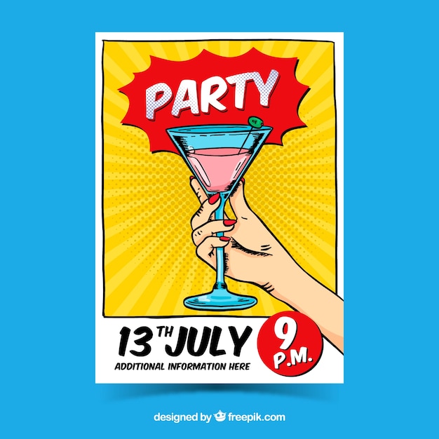 Free vector party poster template with hand drawn cocktail