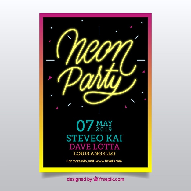 Free vector party poster template with neon style