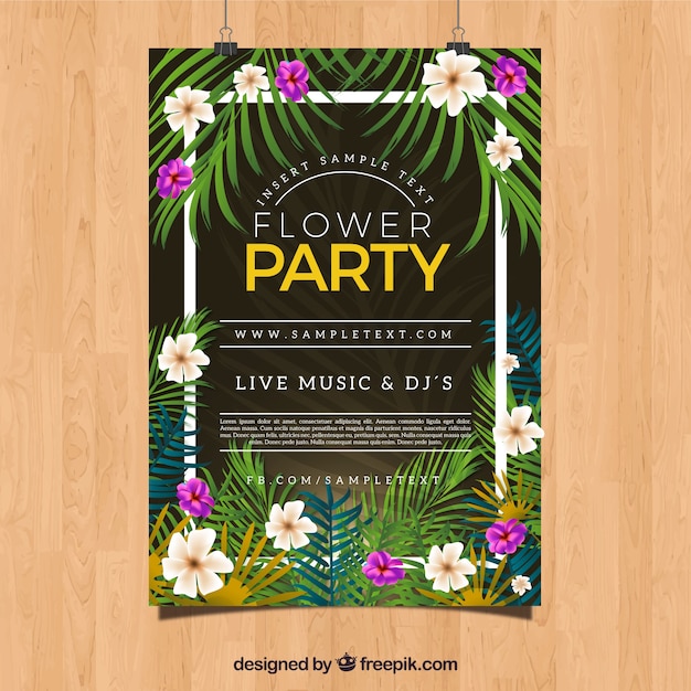 Free vector party poster with flowers and palm leaves