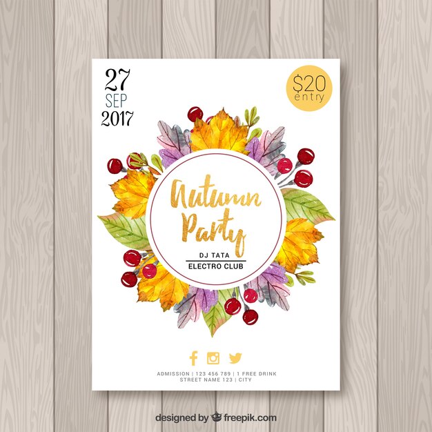 Party poster with watercolor leaves