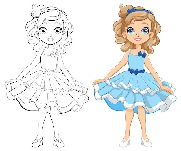 Free vector party princess a doodle outline for coloring pages