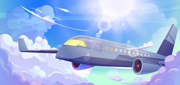 Free vector passenger airplane flying high in sky above clouds