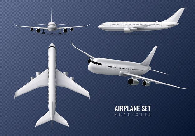 Passenger airplane realistic set on transparent  with airliners in different point of view isolated